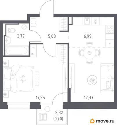 1-комн. квартира, 46.2 м&sup2;