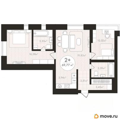 2-комн. квартира, 69.77 м&sup2;