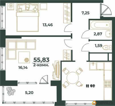 2-комн. квартира, 55.83 м&sup2;