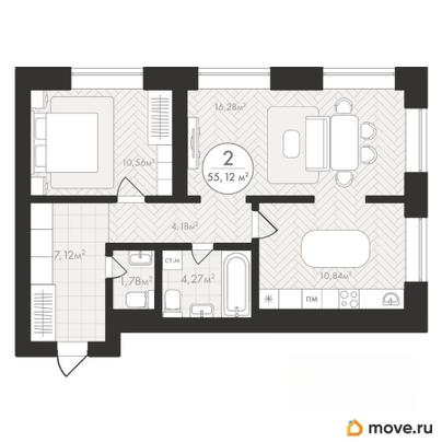 2-комн. квартира, 55.12 м&sup2;