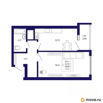 1-комн. квартира, 43.9 м&sup2;