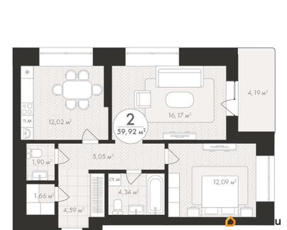 2-комн. квартира, 59.92 м&sup2;