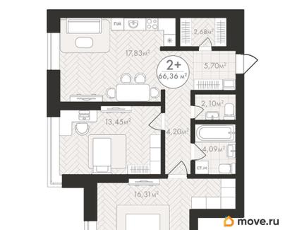 2-комн. квартира, 66.36 м&sup2;
