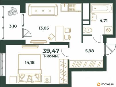 1-комн. квартира, 39.47 м&sup2;
