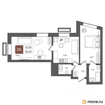 2-комн. квартира, 56.5 м&sup2;