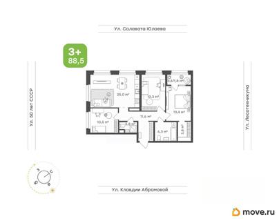 3-комн. квартира, 88.5 м&sup2;