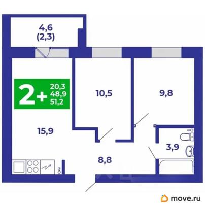 1-комн. квартира, 51.2 м&sup2;