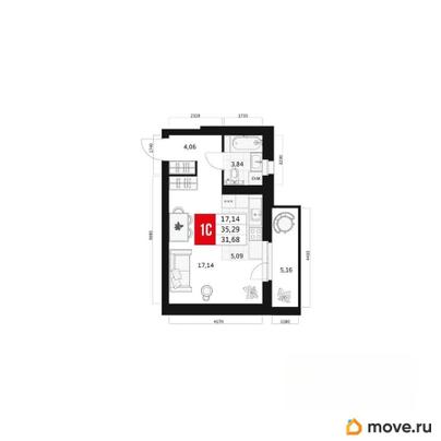 1-комн. квартира, 31.68 м&sup2;