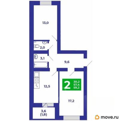 2-комн. квартира, 59.2 м&sup2;