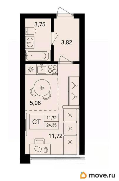 1-комн. квартира, 24.35 м&sup2;