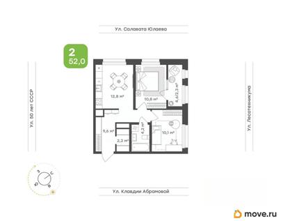 2-комн. квартира, 52.1 м&sup2;