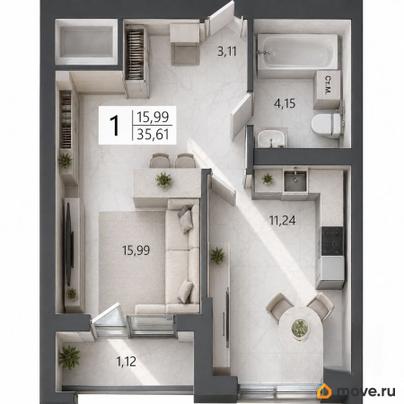 1-комн. квартира, 35.61 м&sup2;