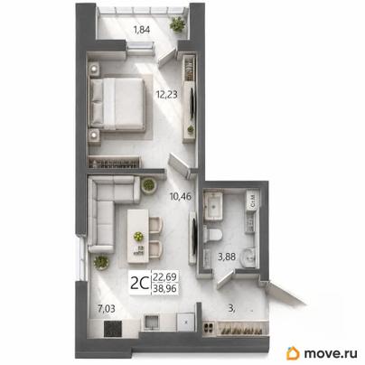 2-комн. квартира, 38.96 м&sup2;