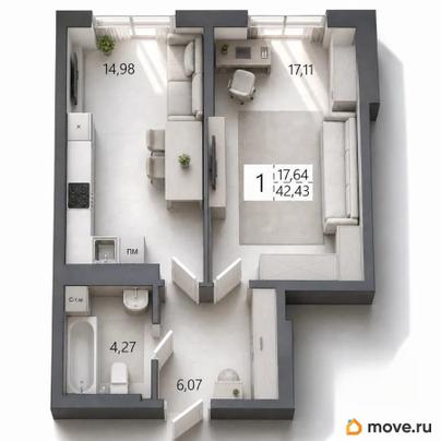 1-комн. квартира, 42.43 м&sup2;