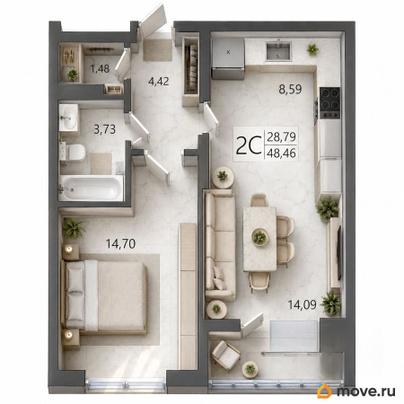 2-комн. квартира, 48.46 м&sup2;