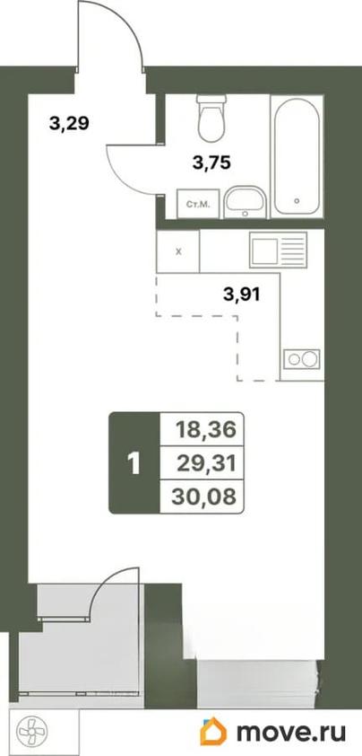 1-комн. квартира, 30.08 м&sup2;