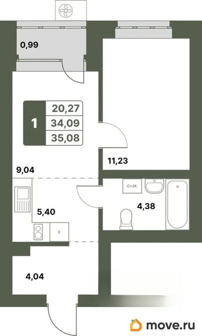 1-комн. квартира, 35.08 м&sup2;