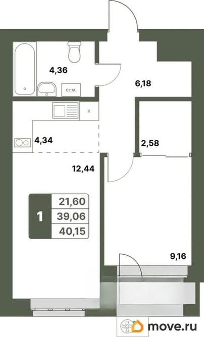 1-комн. квартира, 40.15 м&sup2;