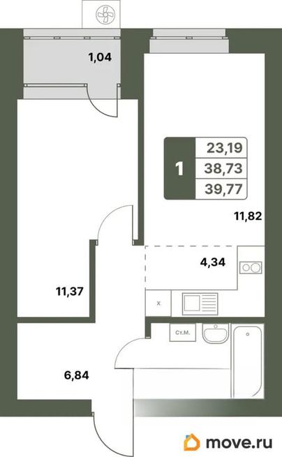 1-комн. квартира, 39.77 м&sup2;