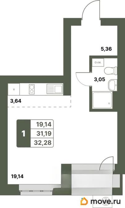 1-комн. квартира, 32.28 м&sup2;