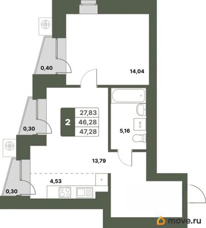 2-комн. квартира, 47.28 м&sup2;