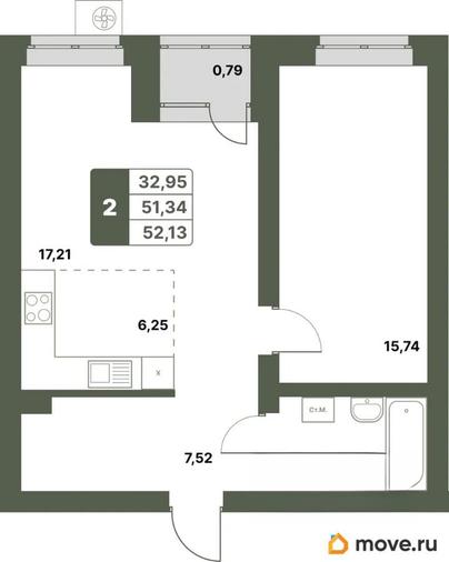 2-комн. квартира, 52.13 м&sup2;