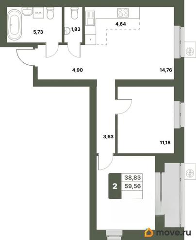 2-комн. квартира, 61.25 м&sup2;