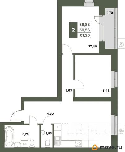 2-комн. квартира, 61.26 м&sup2;