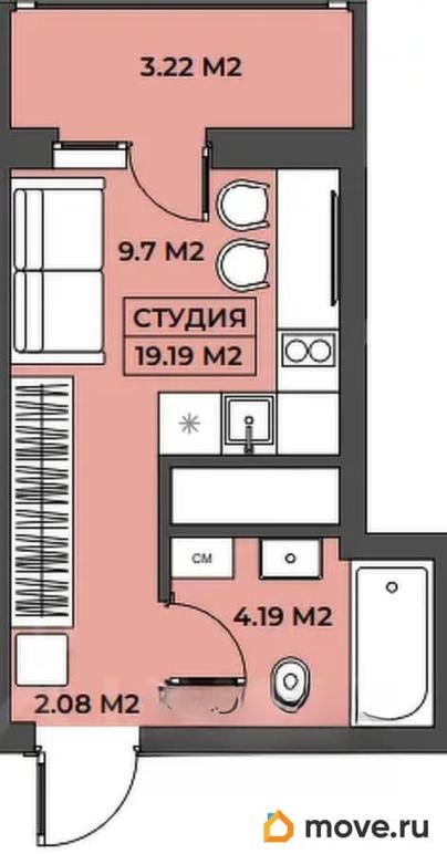 1-комн. апартаменты, 19.19 м&sup2;