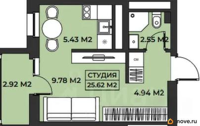 1-комн. апартаменты, 25.62 м&sup2;