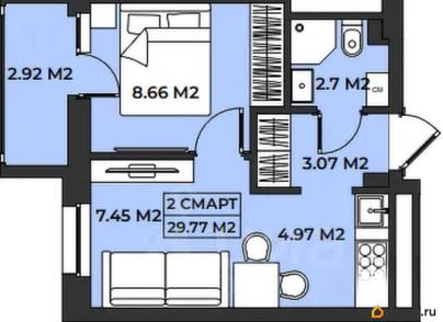 1-комн. апартаменты, 29.77 м&sup2;