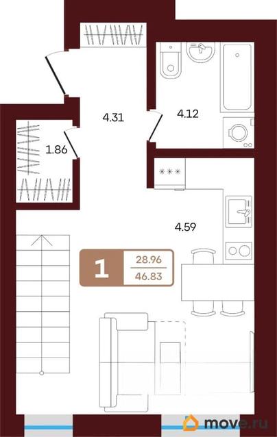 1-комн. квартира, 46.83 м&sup2;
