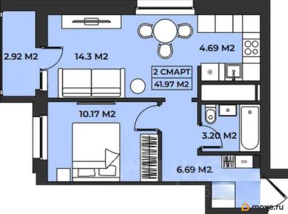 1-комн. апартаменты, 41.97 м&sup2;