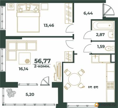 2-комн. квартира, 56.77 м&sup2;