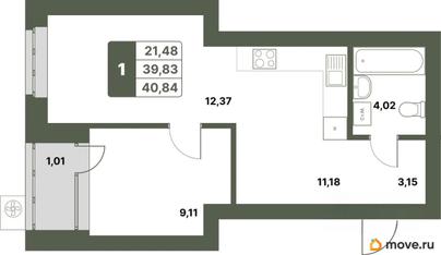 1-комн. квартира, 40.84 м&sup2;