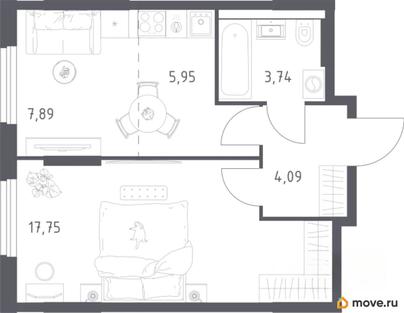 1-комн. квартира, 39.4 м&sup2;