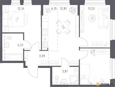 3-комн. квартира, 63.9 м&sup2;