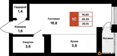 1-комн. квартира, 30.15 м&sup2;