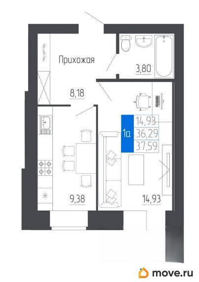 1-комн. квартира, 37.59 м&sup2;