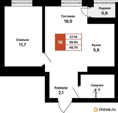 1-комн. квартира, 40.7 м&sup2;