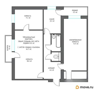3-комн. квартира, 61.5 м&sup2;