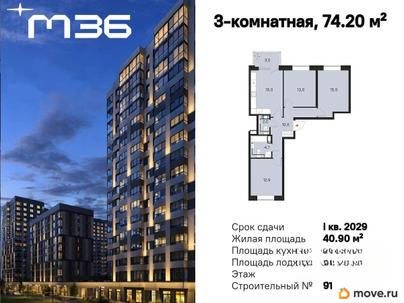 3-комн. квартира, 74.2 м&sup2;