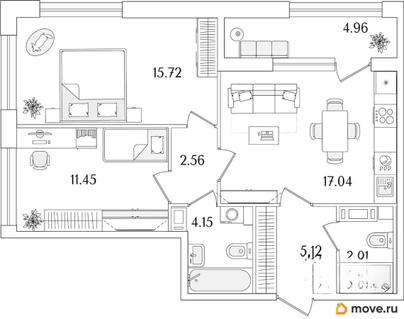 2-комн. квартира, 61.53 м&sup2;