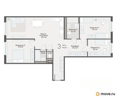 3-комн. квартира, 100.9 м&sup2;