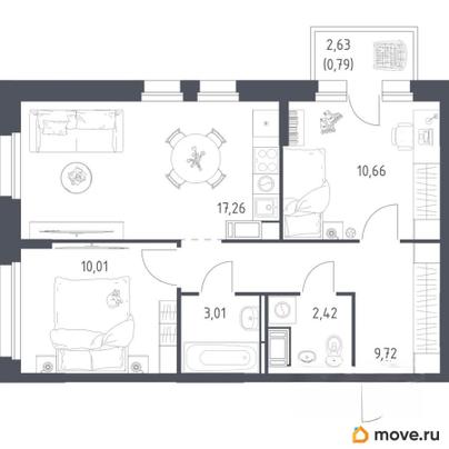 2-комн. квартира, 53.87 м&sup2;
