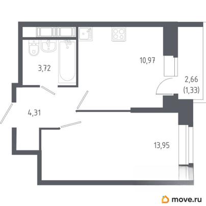 1-комн. квартира, 34.3 м&sup2;