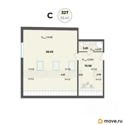 1-комн. апартаменты, 55.4 м&sup2;