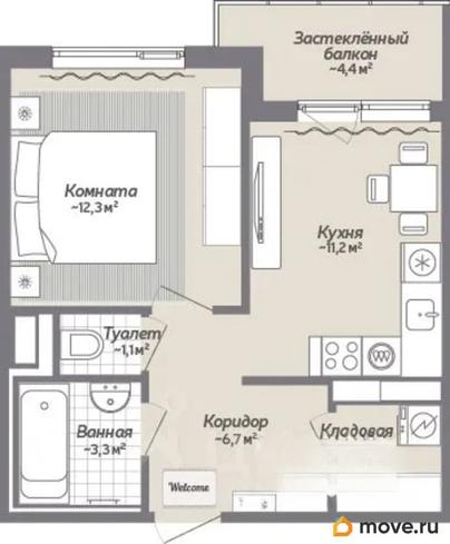 1-комн. квартира, 41.5 м&sup2;
