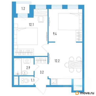 2-комн. квартира, 41.5 м&sup2;