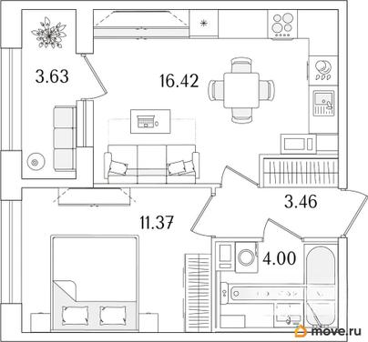 1-комн. квартира, 37.07 м&sup2;